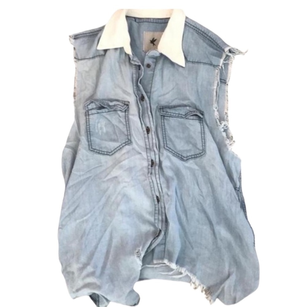 One Teaspoon Leather Collar Denim Cutoff Button-down Top Sleeveless